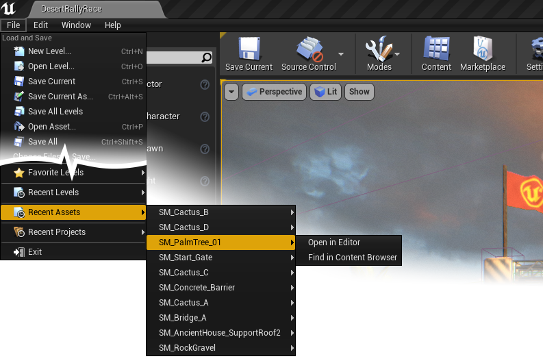 Image of the new Recent Assets menu added to the UE4 File menu.